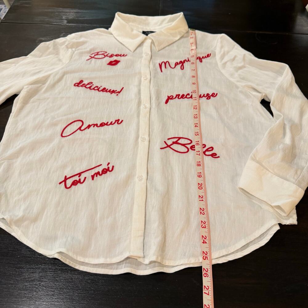 Milk & Honey French Script Embroidered White Blouse L Parisian Whimsy Resortwear - Picture 5 of 7